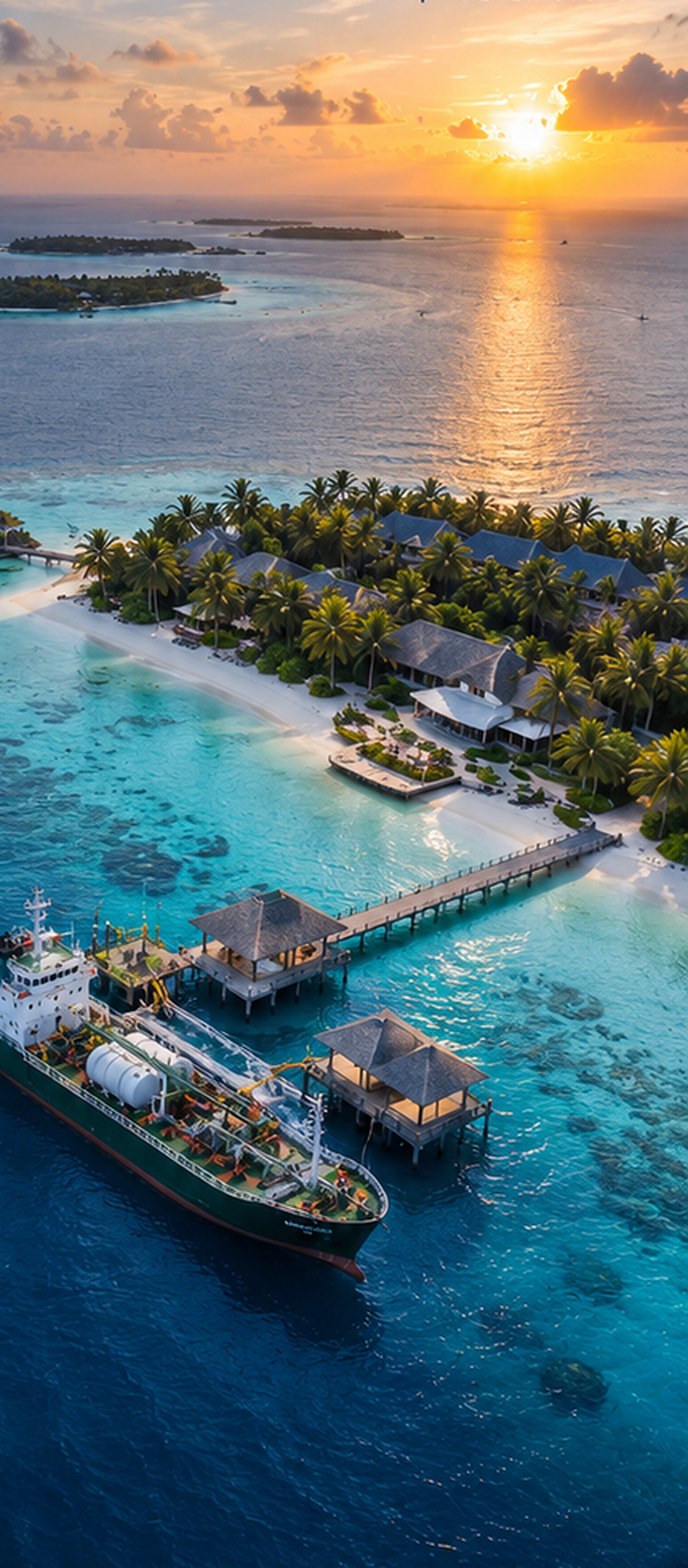 Sunset aerial view of a Maldives resort island and reef
