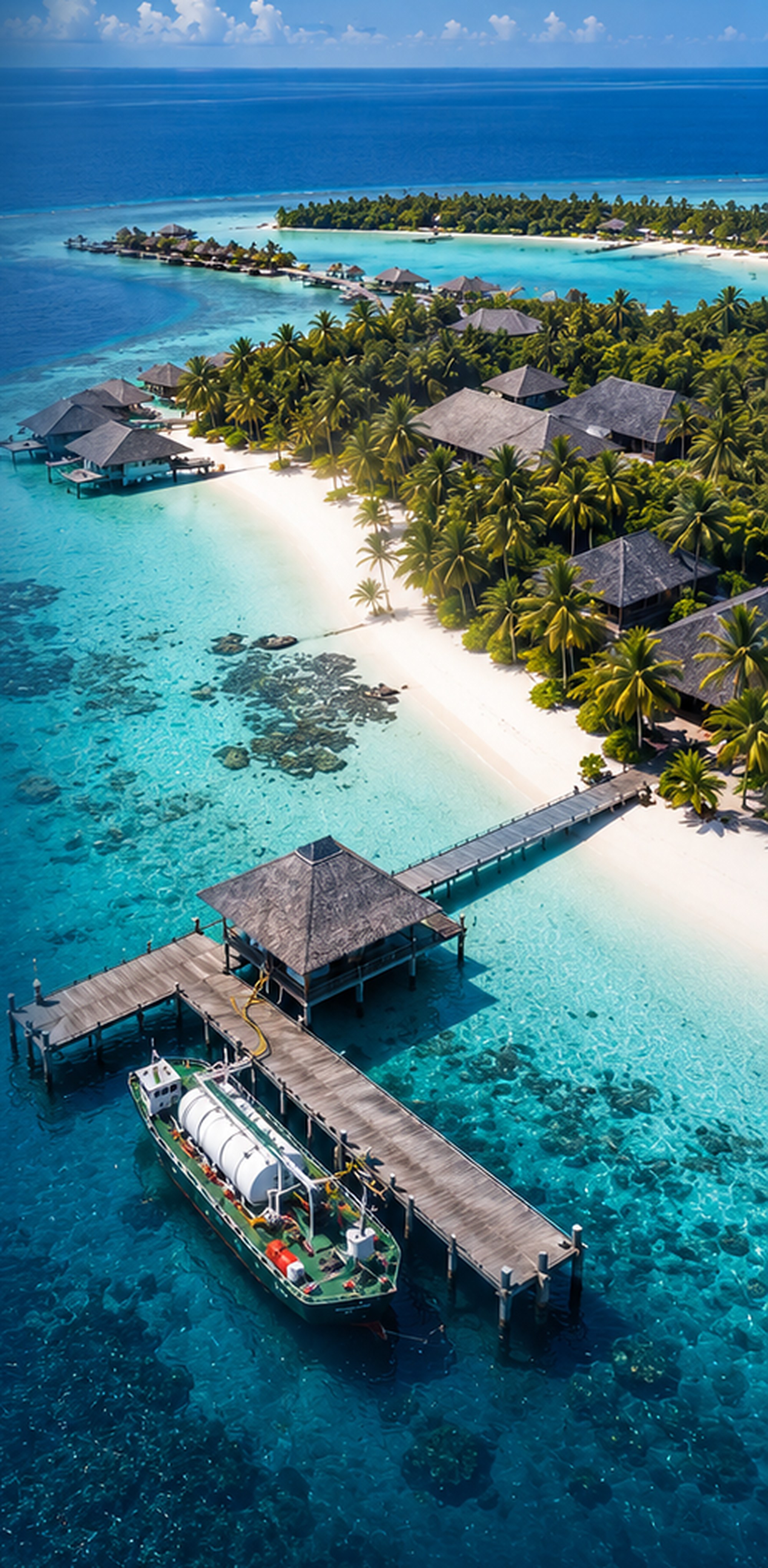 Aerial view of a resort jetty with a fuel supply barge